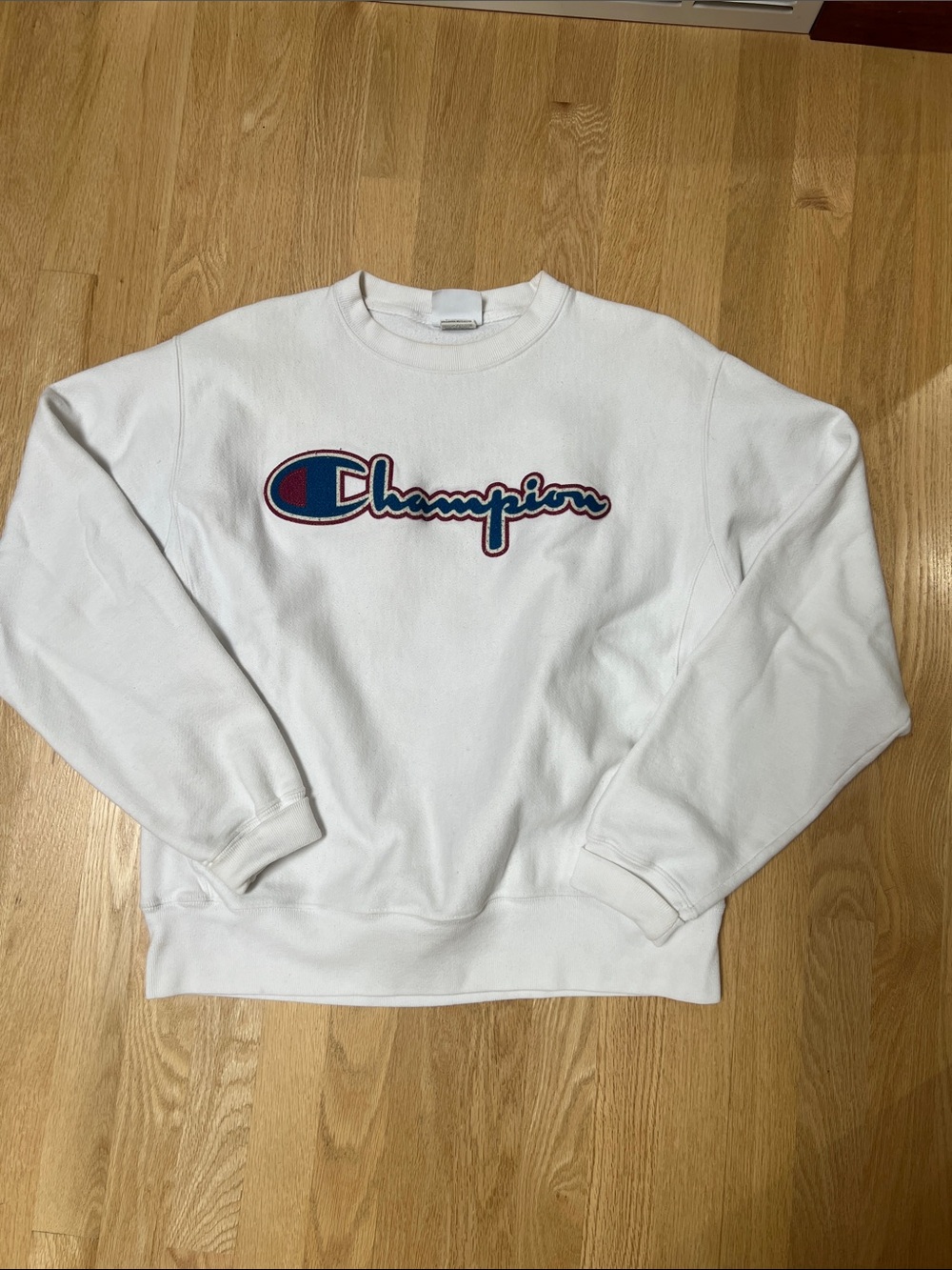 Champion White Crewneck with Blue and Red Script Logo